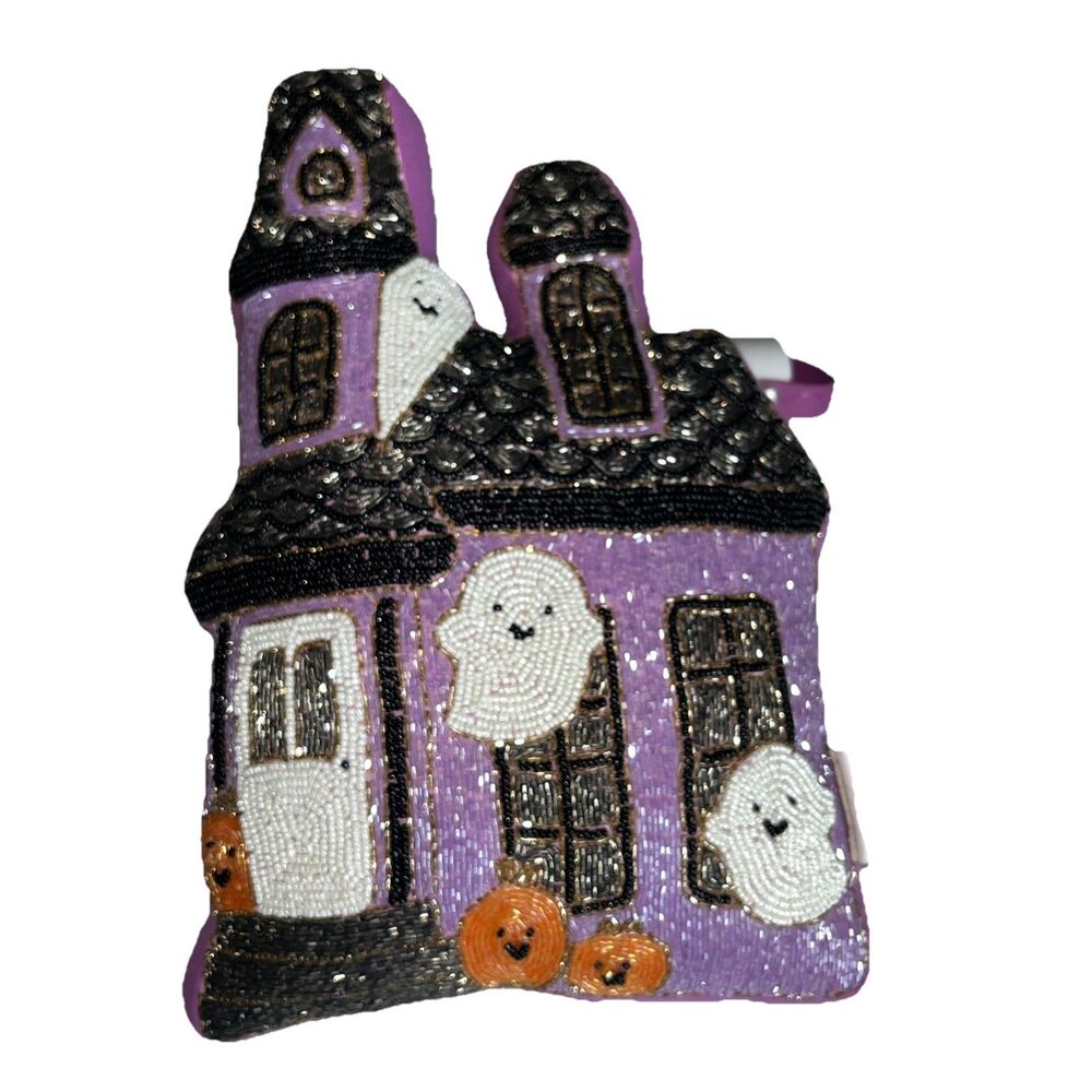 Cupcakes And Cashmere Haunted House Spooky Ghost Beaded Pillow Halloween Pumpkin